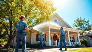 Soft wash team cleaning home exterior in Kissimmee, FL, showcasing professional pressure washing.