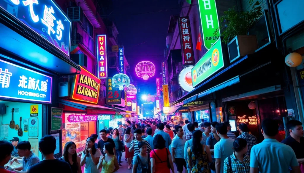 Highlighting 호치민밤문화 with lively nightlife scenes in Ho Chi Minh City, featuring illuminated karaoke bars and bustling streets.