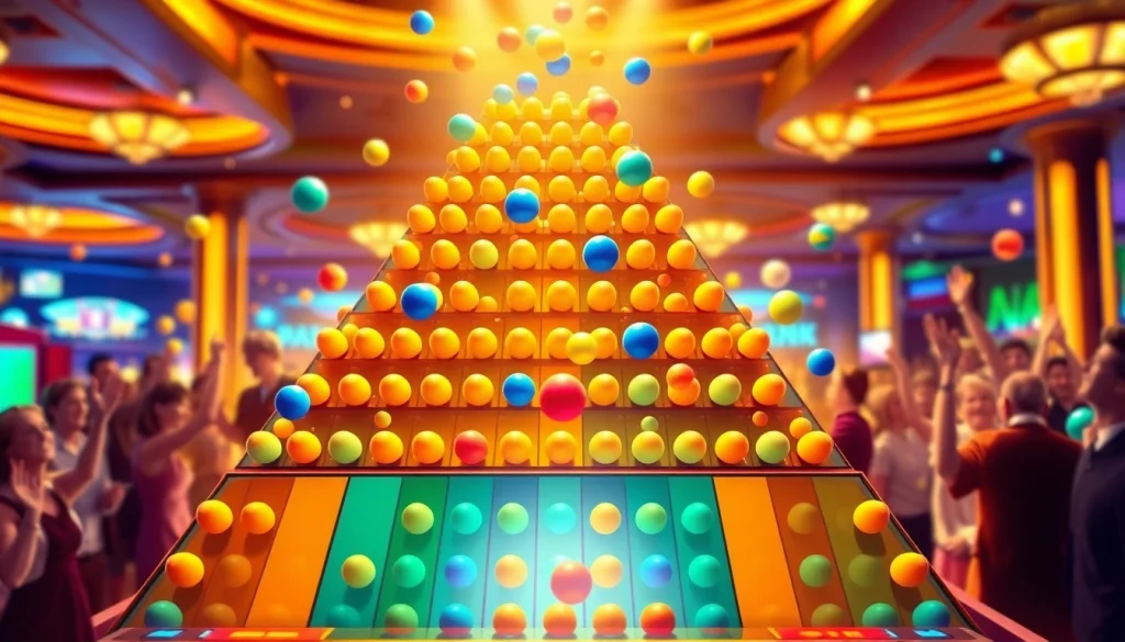 Bermain plink slot yang ceria di kasino dengan bola berwarna-warna cerah dan papan piramida.