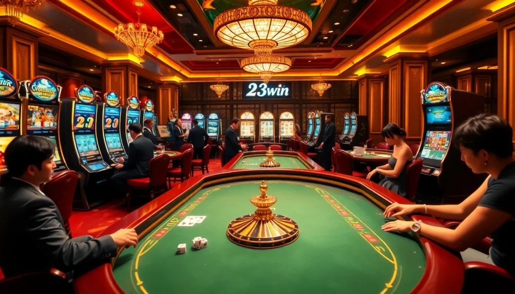 Exciting gaming action at 23win casino, featuring vibrant slot machines, poker tables, and roulette wheels.