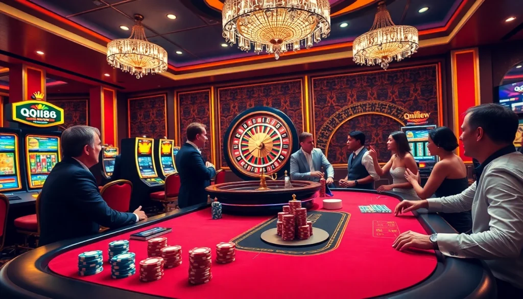 Experience the excitement of QQ88 as players strategize at the poker table in a luxurious casino atmosphere.