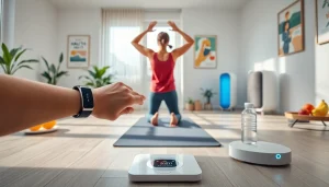 Explore ultimate health tools in a wellness setting featuring a person using fitness tech while practicing yoga.