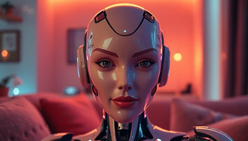 AI sex bot in a cozy, intimate setting, showcasing advanced digital features and a friendly demeanor.
