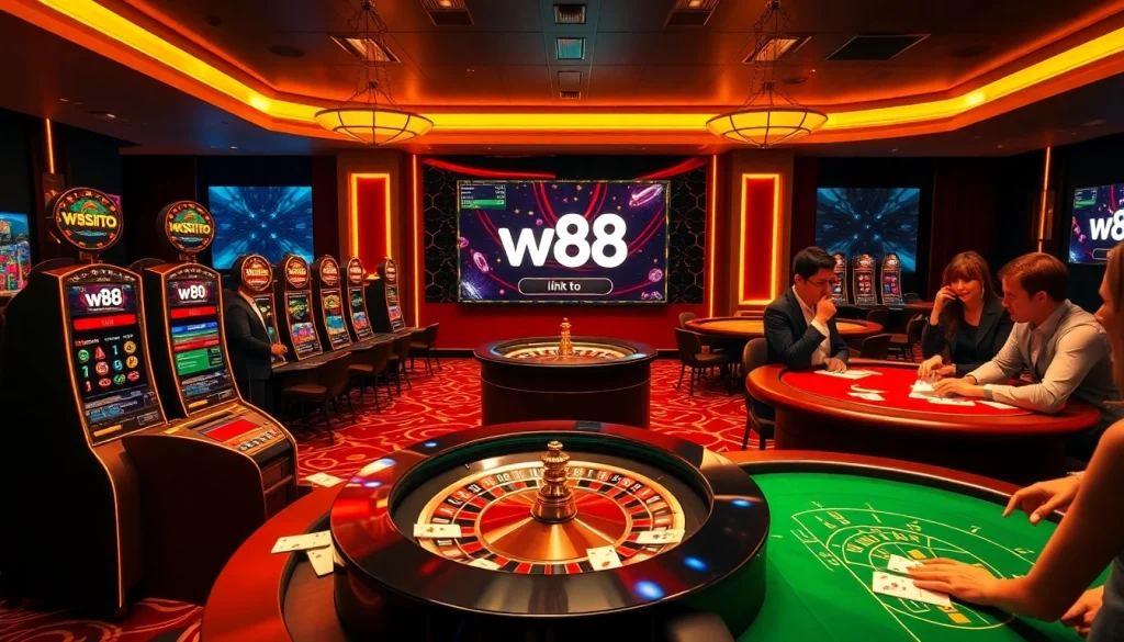 Experience luxury gaming at W88 with dealers and vibrant slot machines.