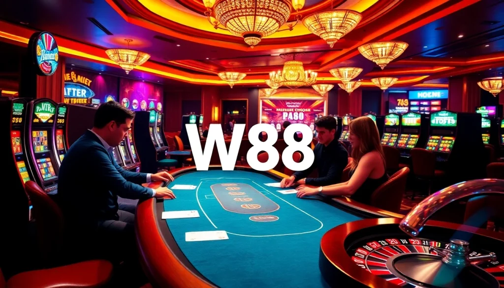 Capture the excitement of betting at the W88 link casino with professional dealers and vibrant slot machines.