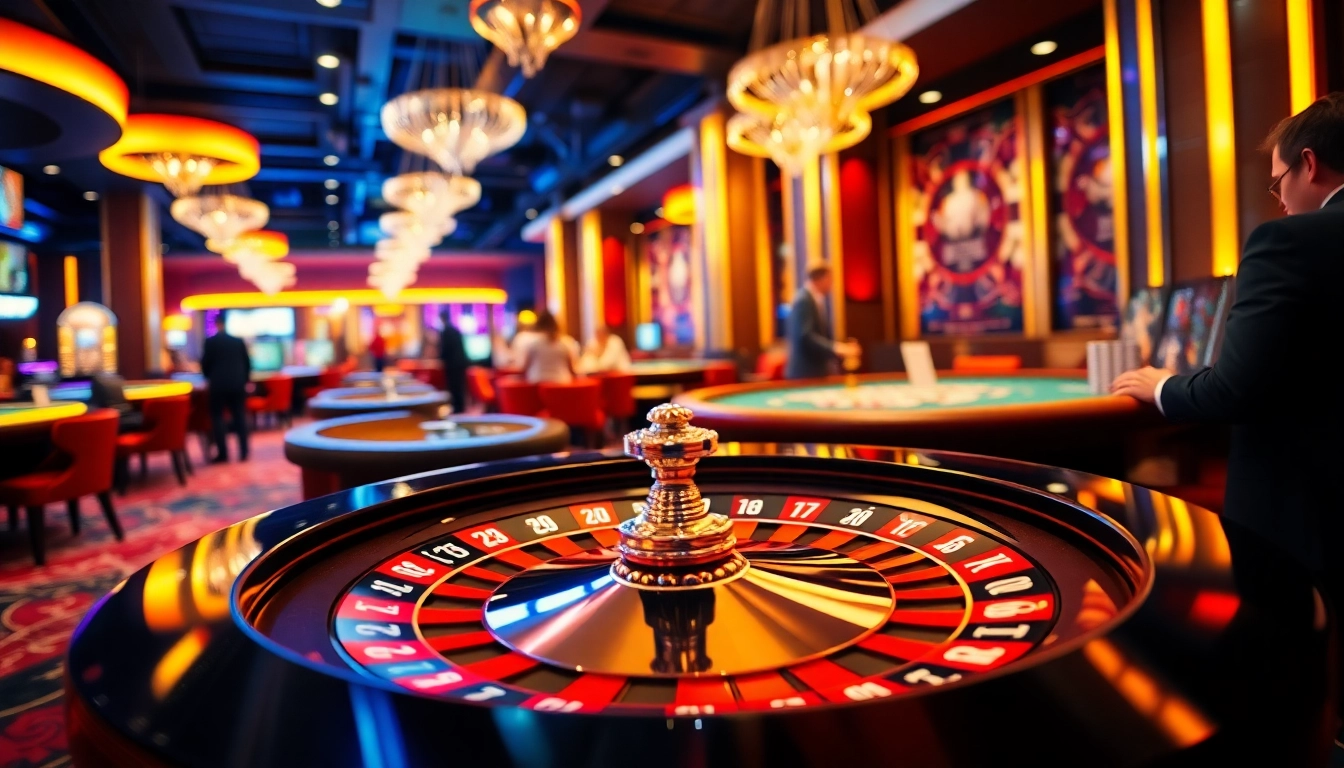 Pinco Casino reyler-də canlı oyun masaları və parlak işıqlar arasında oyunçular.