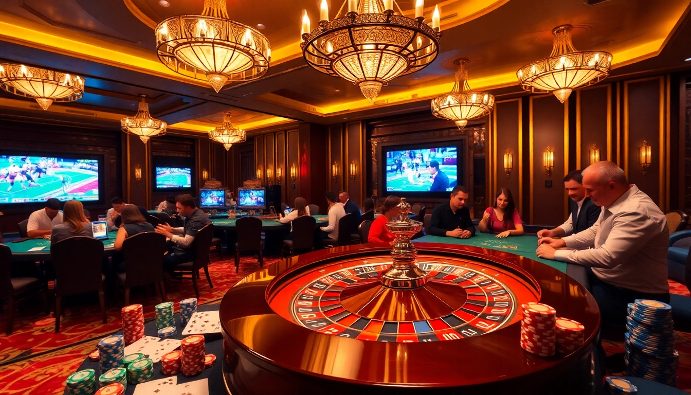 SODO Casino players placing bets at a vibrant gaming table surrounded by roulette, chips, and cards.