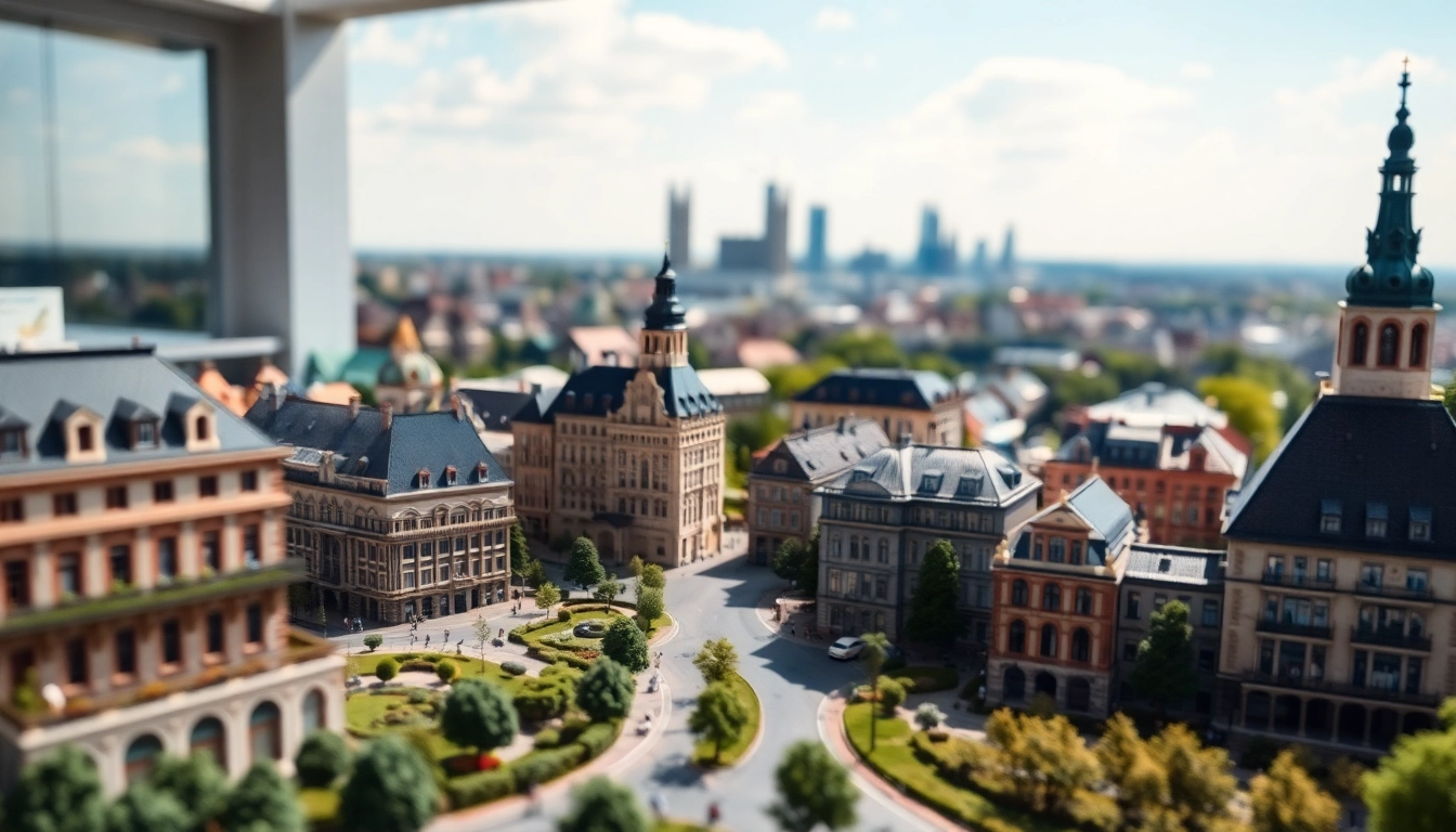 Architekturmodellbau Wiesbaden mit detailliertem Stadtmodell und lebendigen Farben.