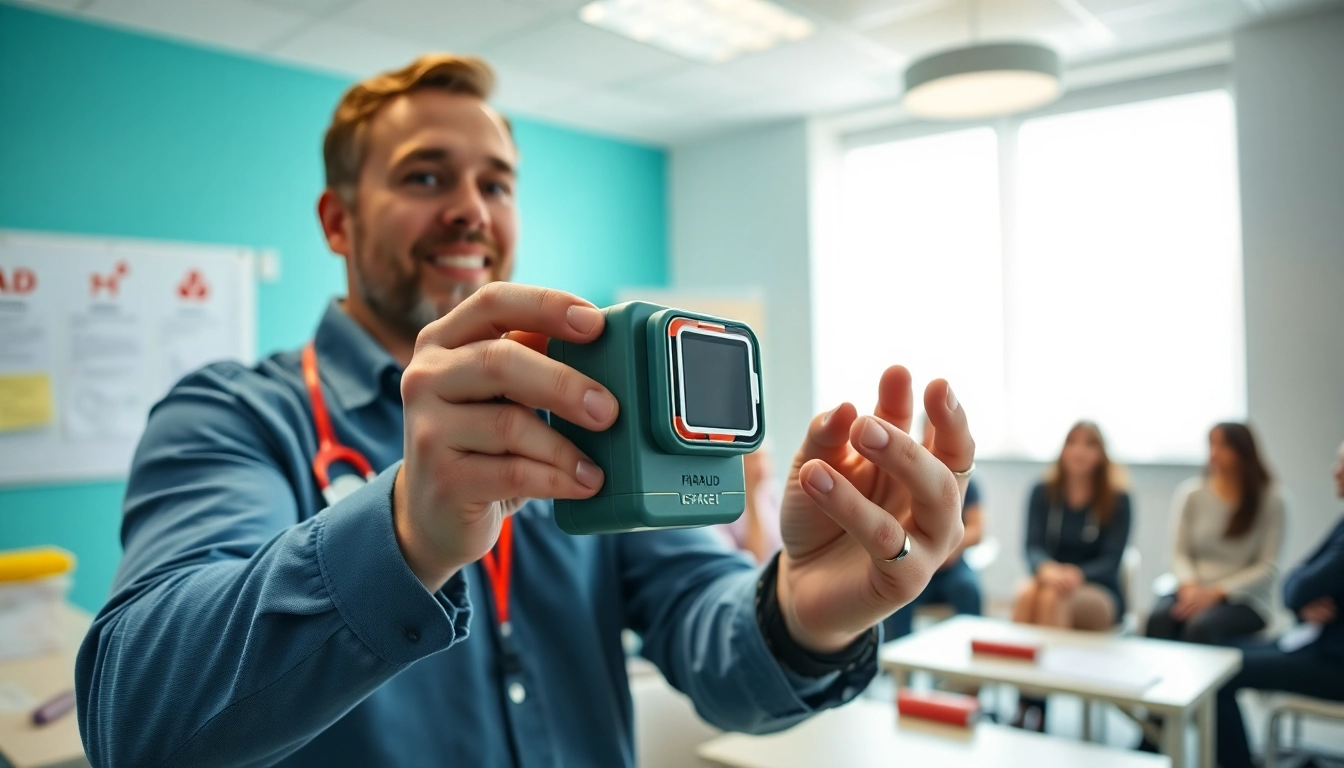 Demonstration of a choking rescue device showcasing safety training techniques.