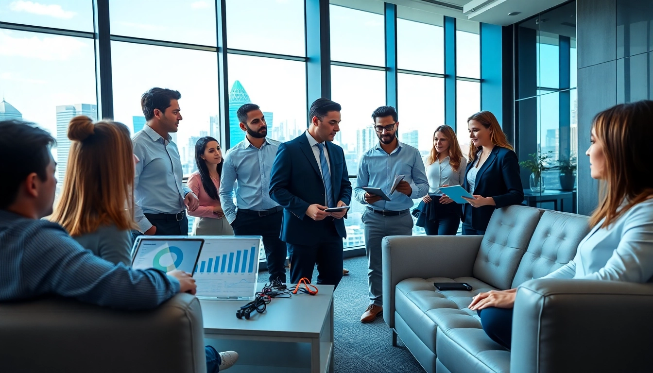 Evaluate growth strategy trends with a diverse team planning in a modern office setting.