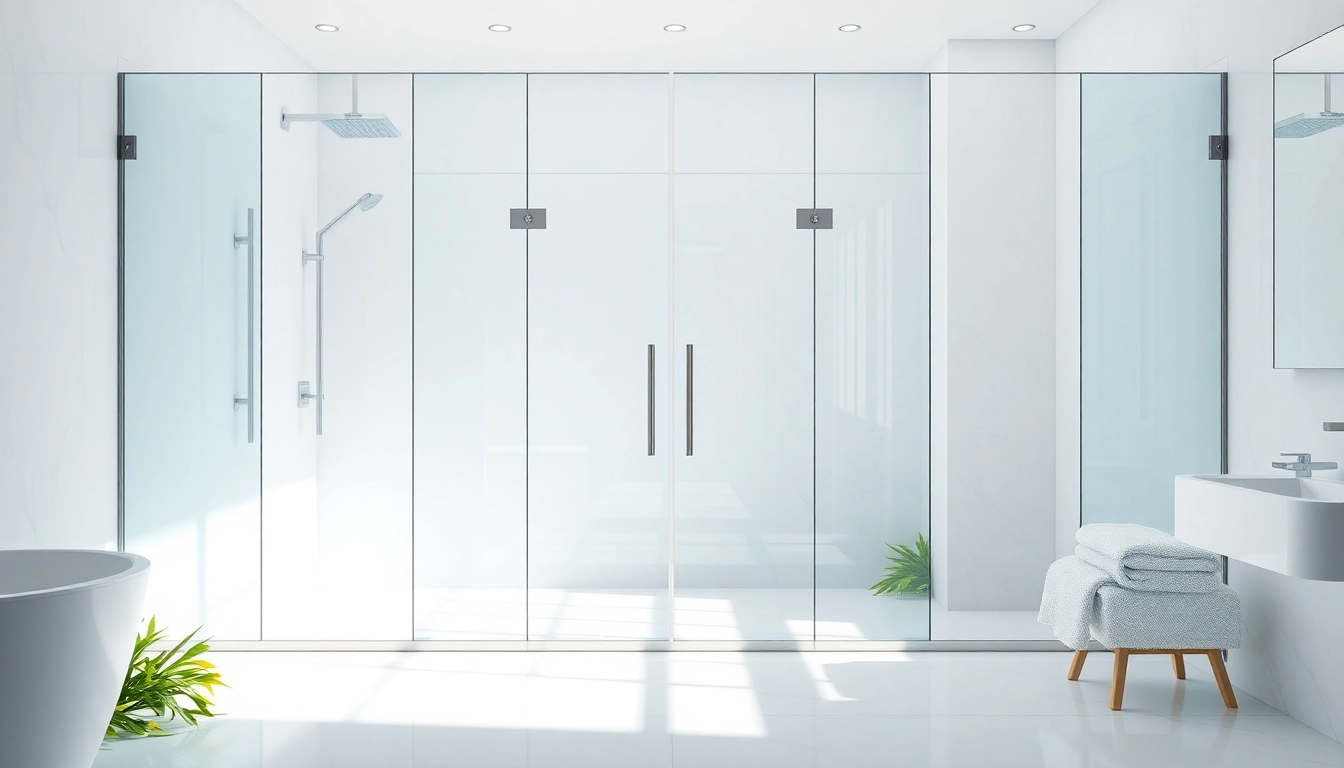 Showcase of sunney shower doors in a modern bathroom featuring sleek glass and elegant fixtures.