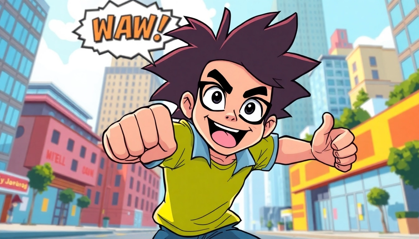 무료웹툰 캐릭터가 도시 환경에서 활동하는 생동감 넘치는 모습.