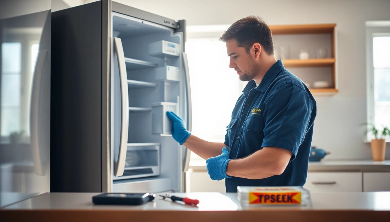Technician performing refrigerator repair ottawa service in a bright kitchen setting.