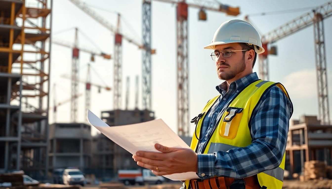 Construction career worker reviewing blueprints at an active job site.