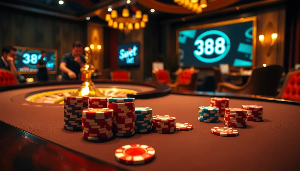 Experience the excitement of gambling at 388bet with vibrant poker chips and a glamorous casino setting.