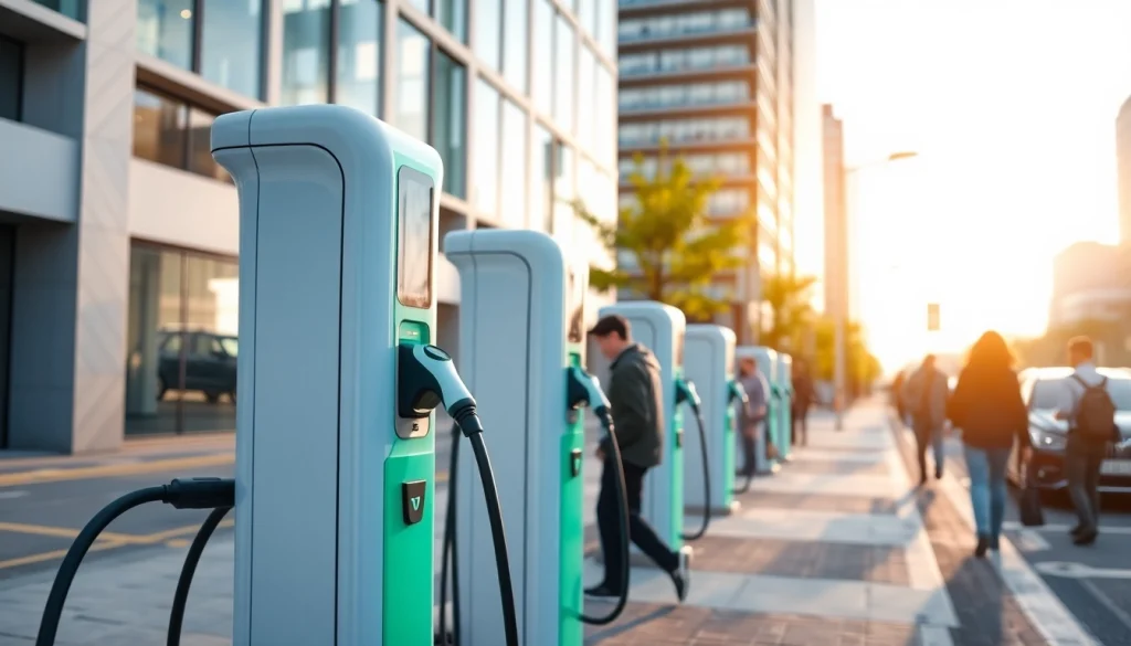 Showcasing EV charging solutions with modern charging stations in a vibrant urban setting.
