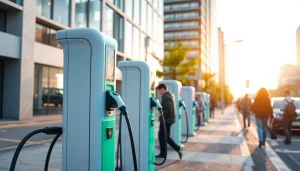 Showcasing EV charging solutions with modern charging stations in a vibrant urban setting.