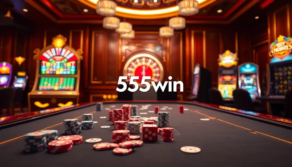Engage at 555win com with thrilling casino games featuring poker chips and colorful slot machines.