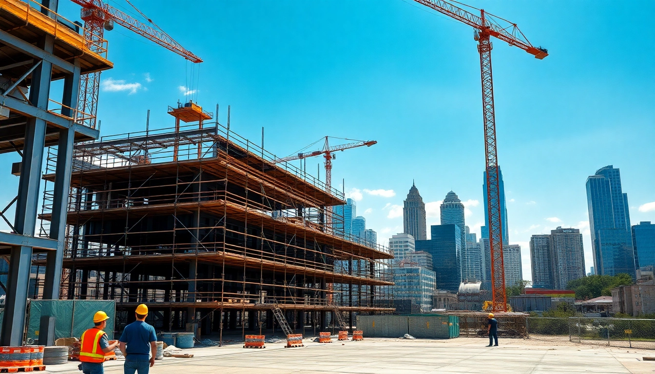 Austin construction site showcasing cranes and active workers in a bustling urban setting.