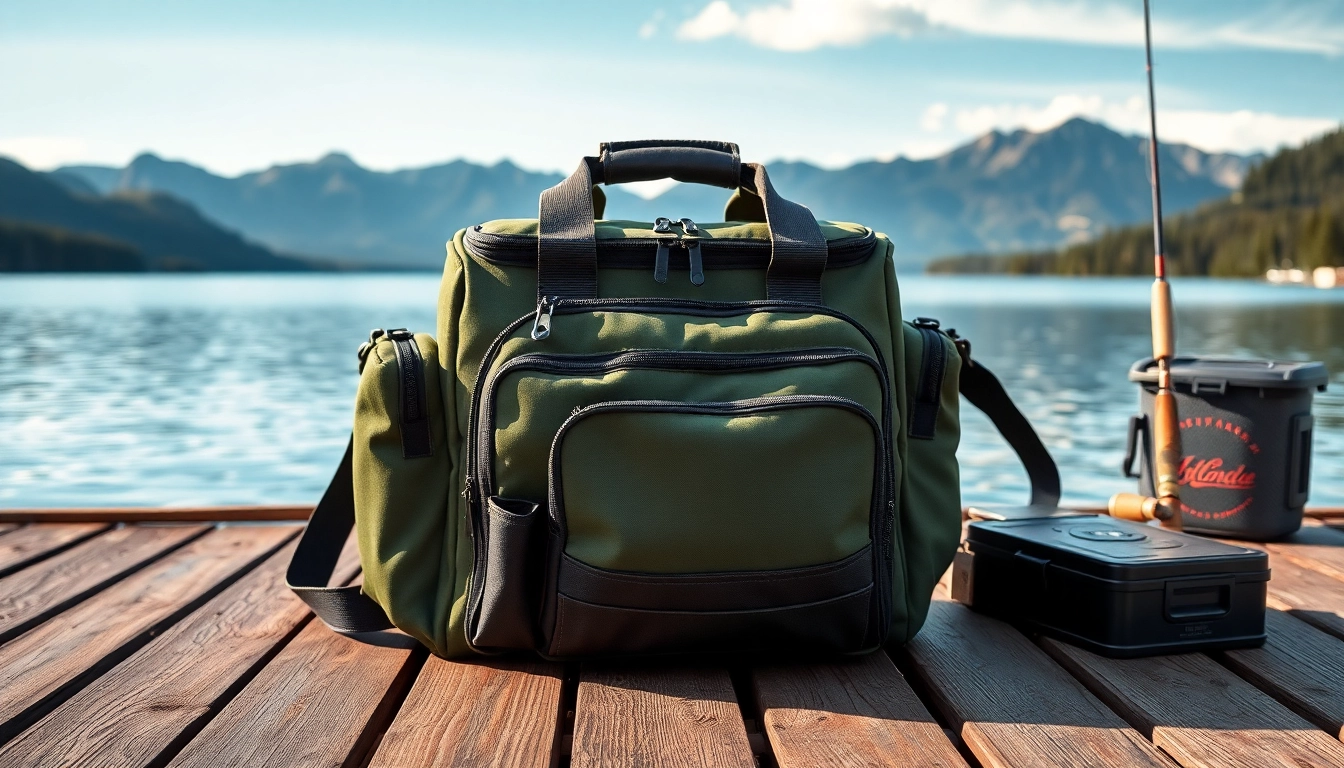 A fly fishing bag on a dock, showcasing compartments and outdoor essentials for fishing.