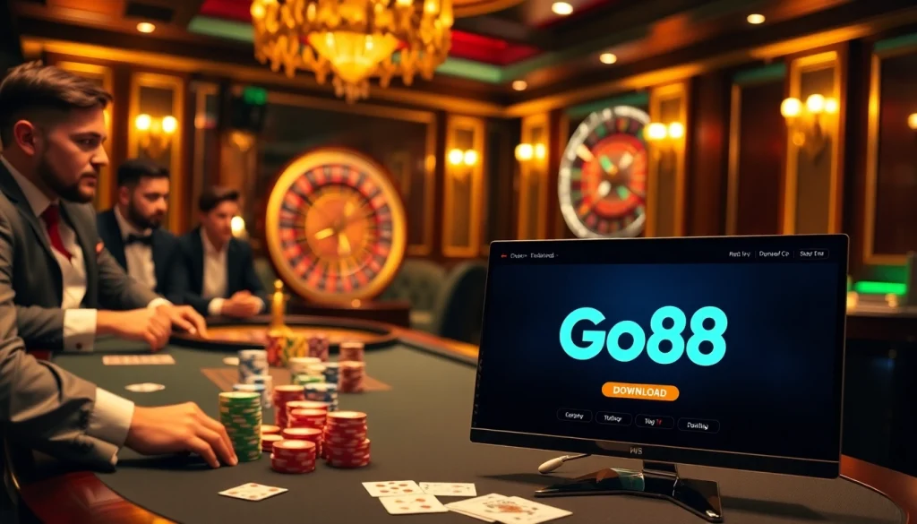 Excited players engaged at a poker table while downloading tải go88 for an immersive gaming experience.