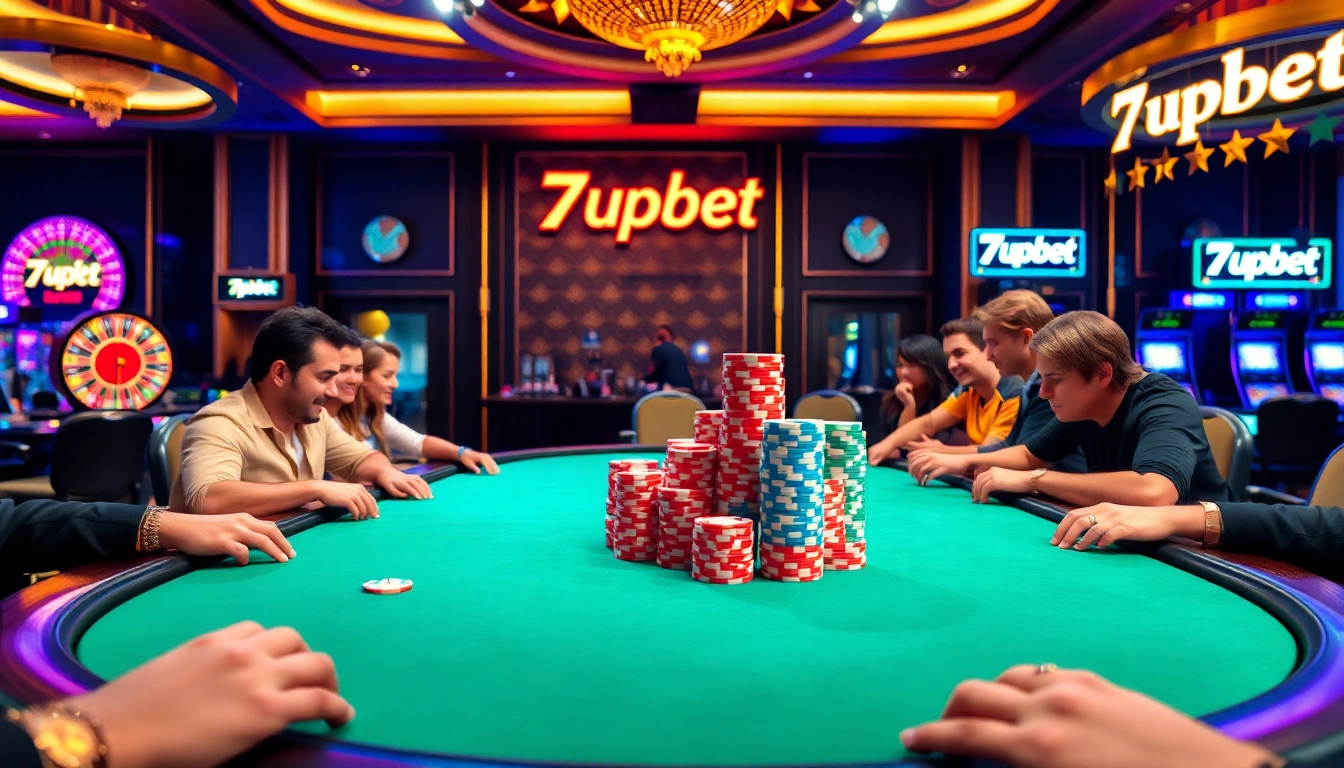Experience the excitement of gambling at 7upbet with vibrant poker games and lavish casino decor.