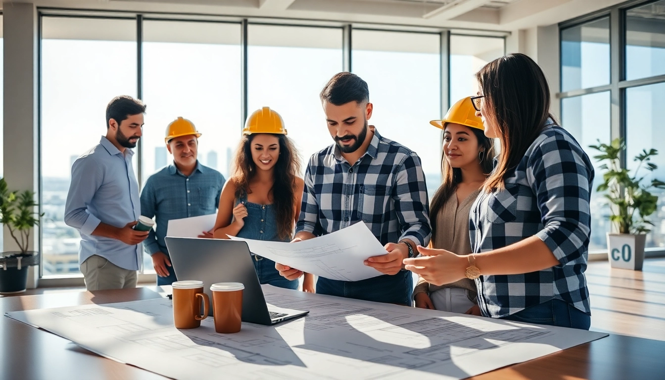 Team of Southern California contractors association members collaborating over blueprints in a modern office.