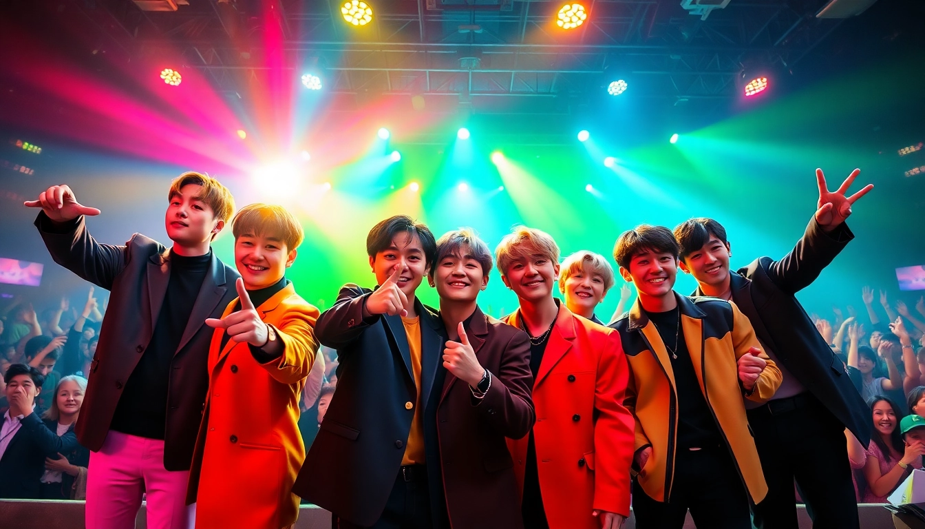 BTS members performing passionately in a lively concert with vibrant lighting and dynamic poses.