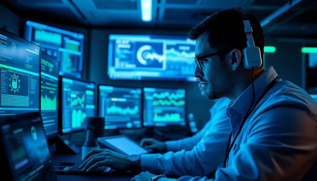 Cybersecurity AI professionals analyzing data in a modern operation center, showcasing advanced AI tools.