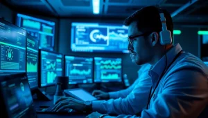 Cybersecurity AI professionals analyzing data in a modern operation center, showcasing advanced AI tools.