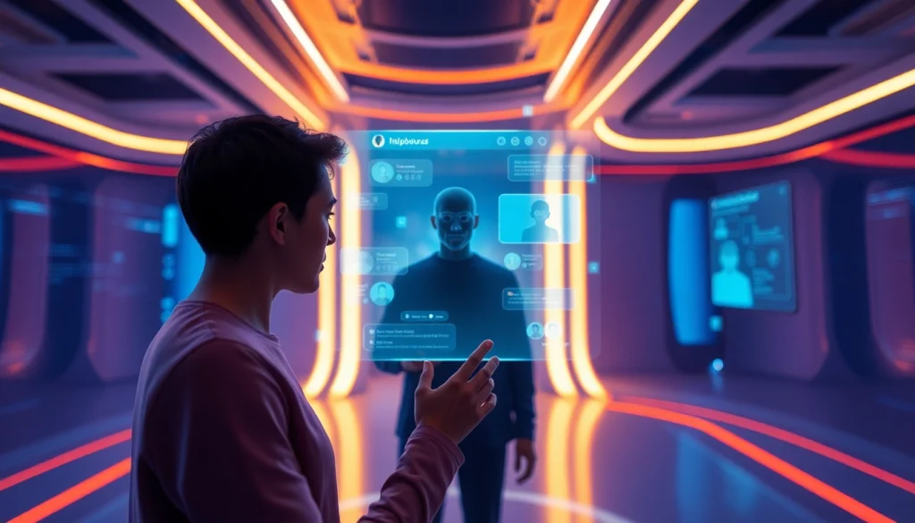 A futuristic chat environment featuring a user interacting with a free nsfw ai chatbot in a warm, ambient setting.