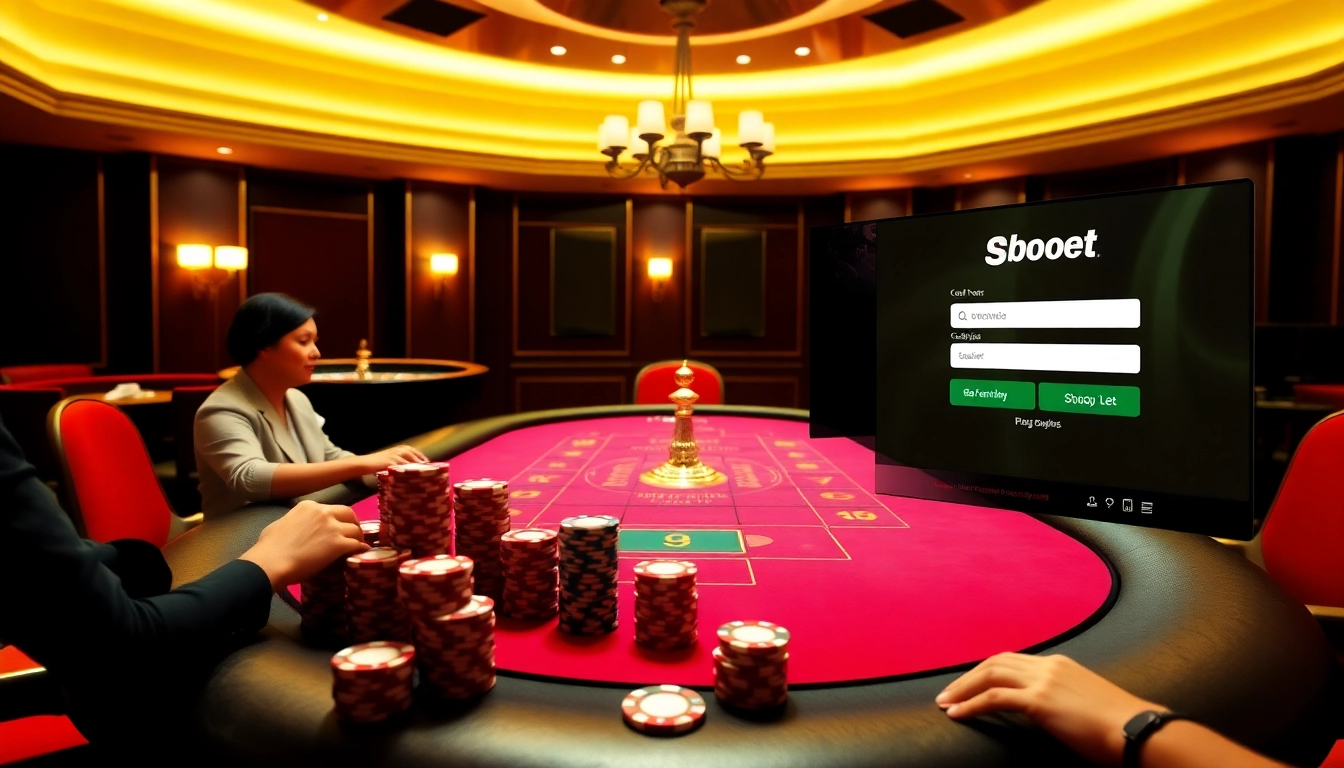 Engage in sbobet login with a vibrant casino scene featuring a poker table and roulette wheel.