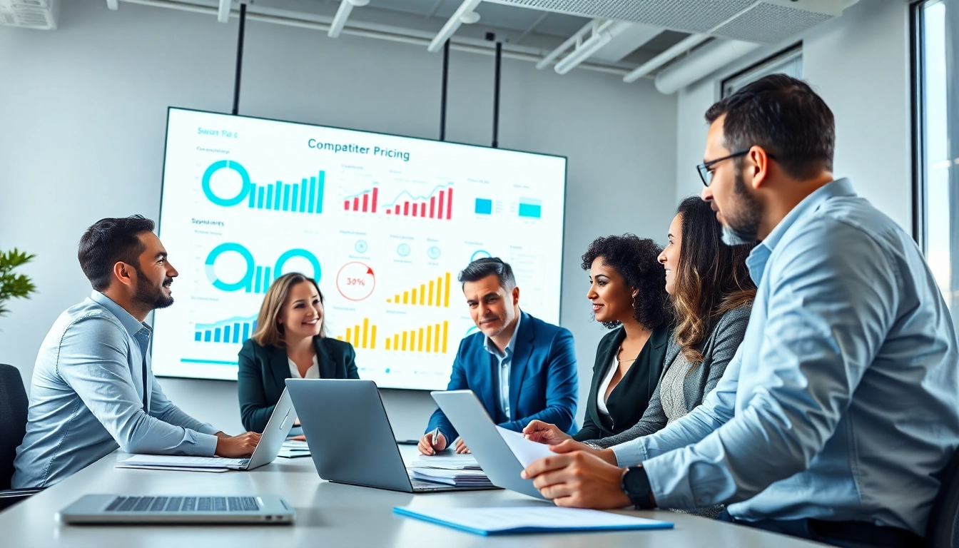 Analyze competitor pricing with a focused business team in a modern office.