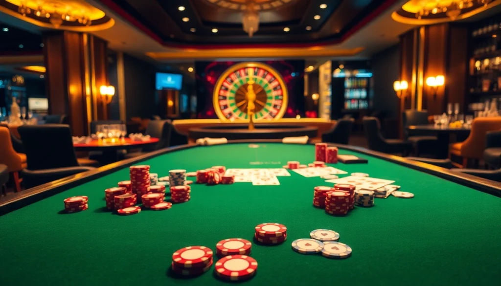 Experience the excitement of high-stakes poker at a top club with vibrant chips and elegant casino ambiance.