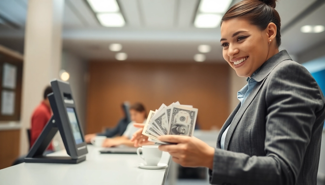 Melakukan deposit 1k dengan teller bank di lingkungan modern.