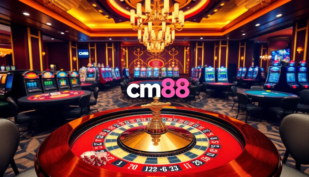 Experience the excitement of cm88 in a luxurious casino setting with roulette and poker gameplay.