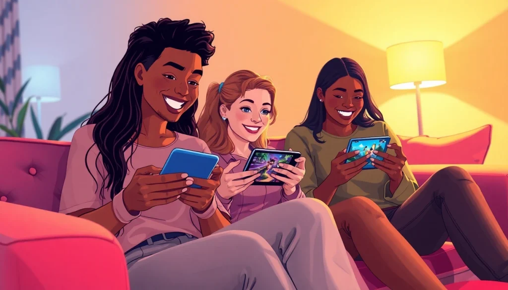 Engaged individuals exploring mobile porn games on their devices in a cozy setting.