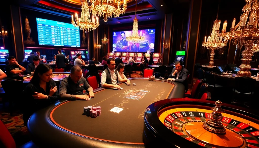 Players enjoying an exciting poker game at BK8Thai casino, showcasing vibrant colors and luxurious atmosphere.