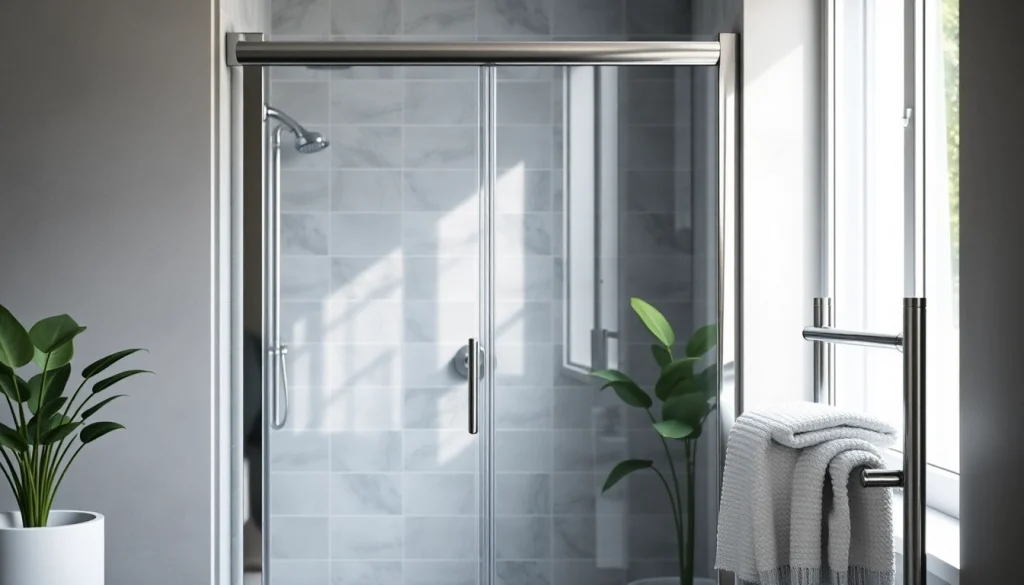 A modern glass shower enclosure with chrome accents in a stylish bathroom setting.