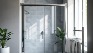 A modern glass shower enclosure with chrome accents in a stylish bathroom setting.