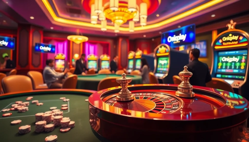 Engage with thrilling gaming experiences at Onicplay featuring vibrant slot machines and poker tables.