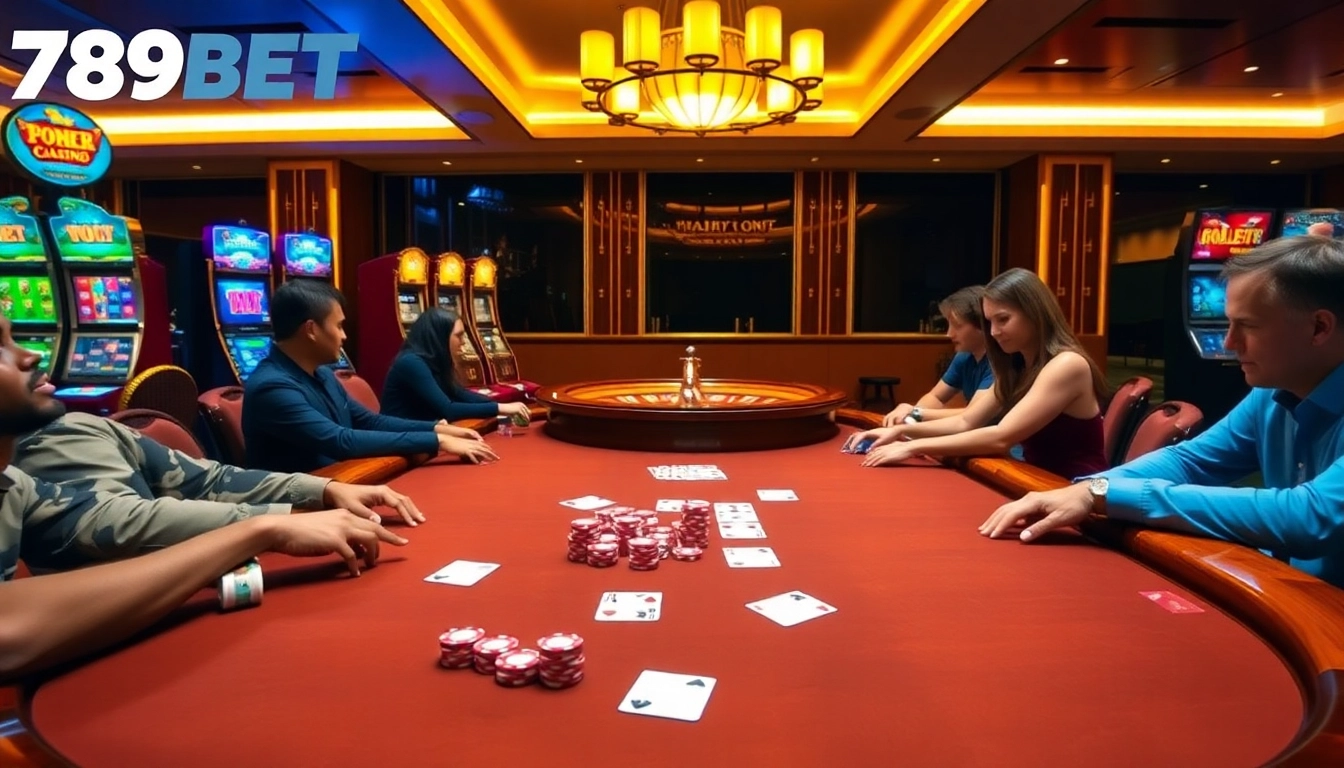 Players enjoying a high-stakes game at 789BET poker table with vibrant chips and cards.
