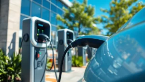 Enhancing EV charging solutions with modern chargers in an eco-friendly urban environment.