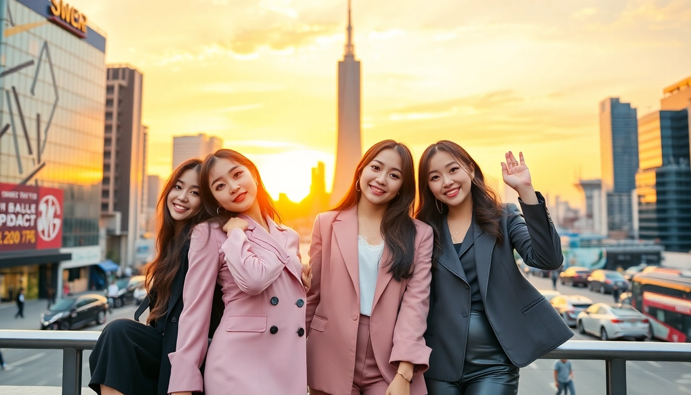 blackpink members posing confidently against a vibrant city backdrop, showcasing their unique styles.