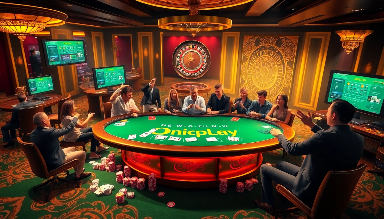 Players engaging in strategy at the Onicplay poker table in a luxurious casino environment.