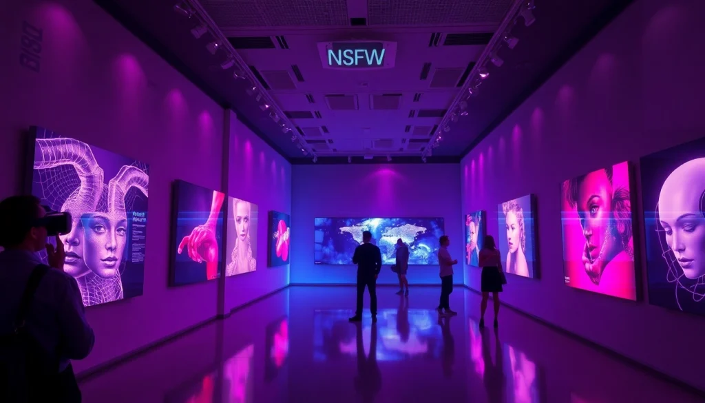 Futuristic digital art gallery featuring NSFW AI-generated pieces, showcasing modern art innovation.