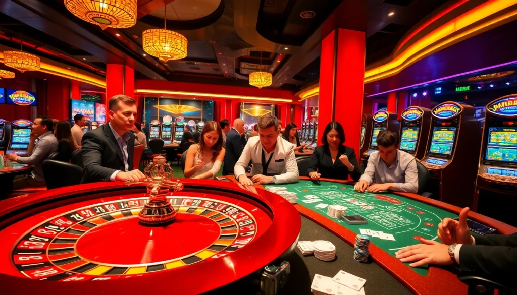 Experience thrilling gameplay at RR88's luxurious casino with poker tables and slot machines.