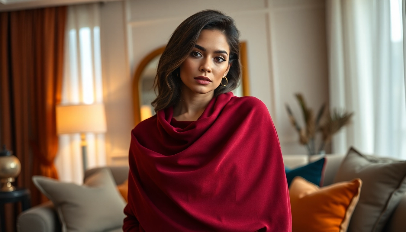 Fluweel stretch stof in een elegante woonkamer, stijlvol gepresenteerd door een model.