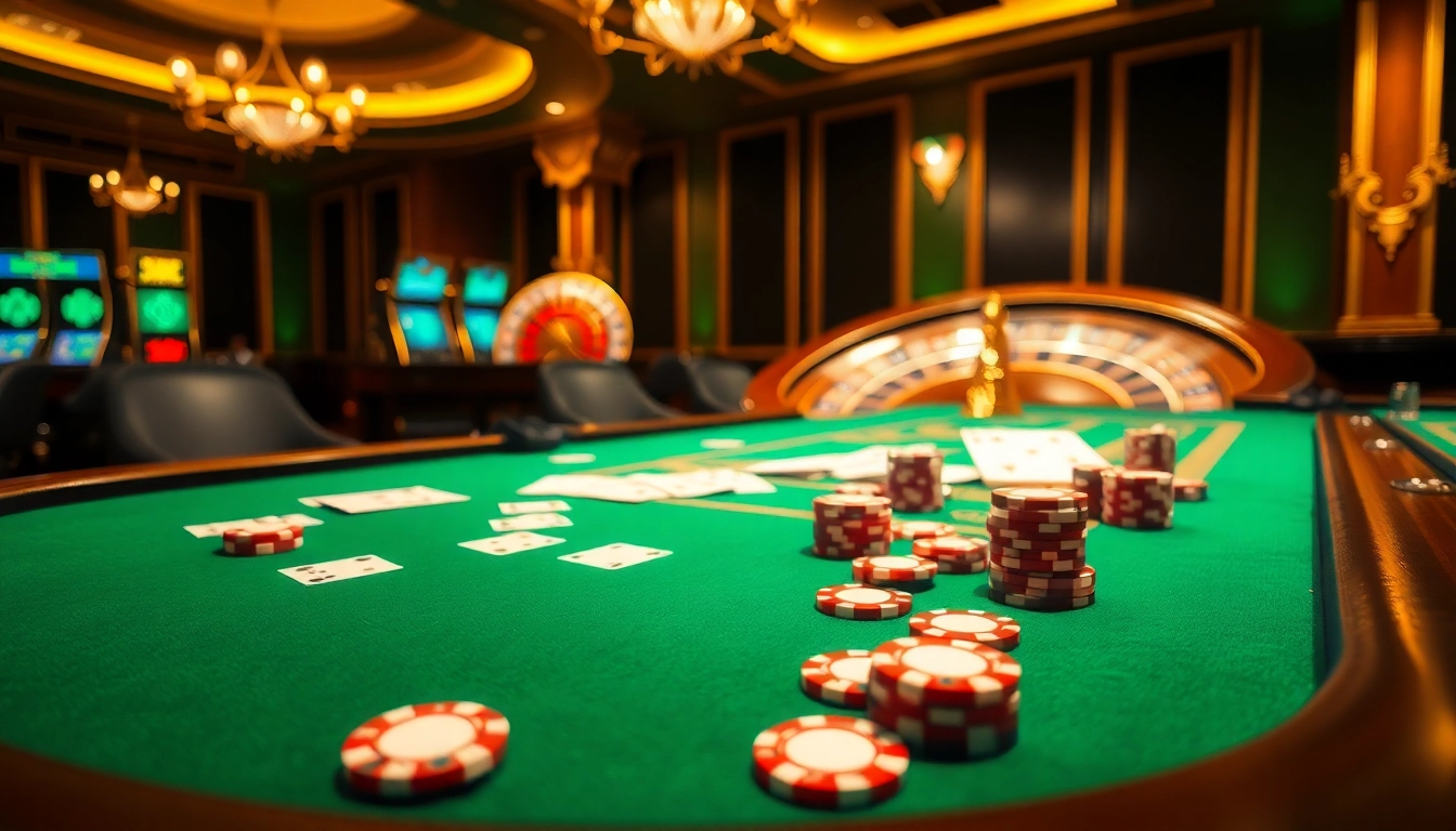 Experience thrilling gameplay at https://nk88.sa.com/ with a vibrant casino scene showcasing poker and roulette.