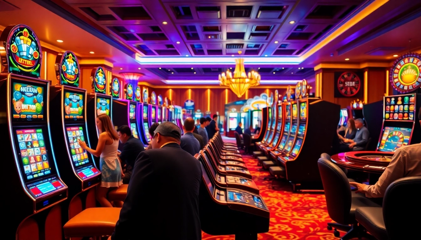 Engaging players at IDN slot machines in a vibrant casino atmosphere with poker chips and roulette wheel.